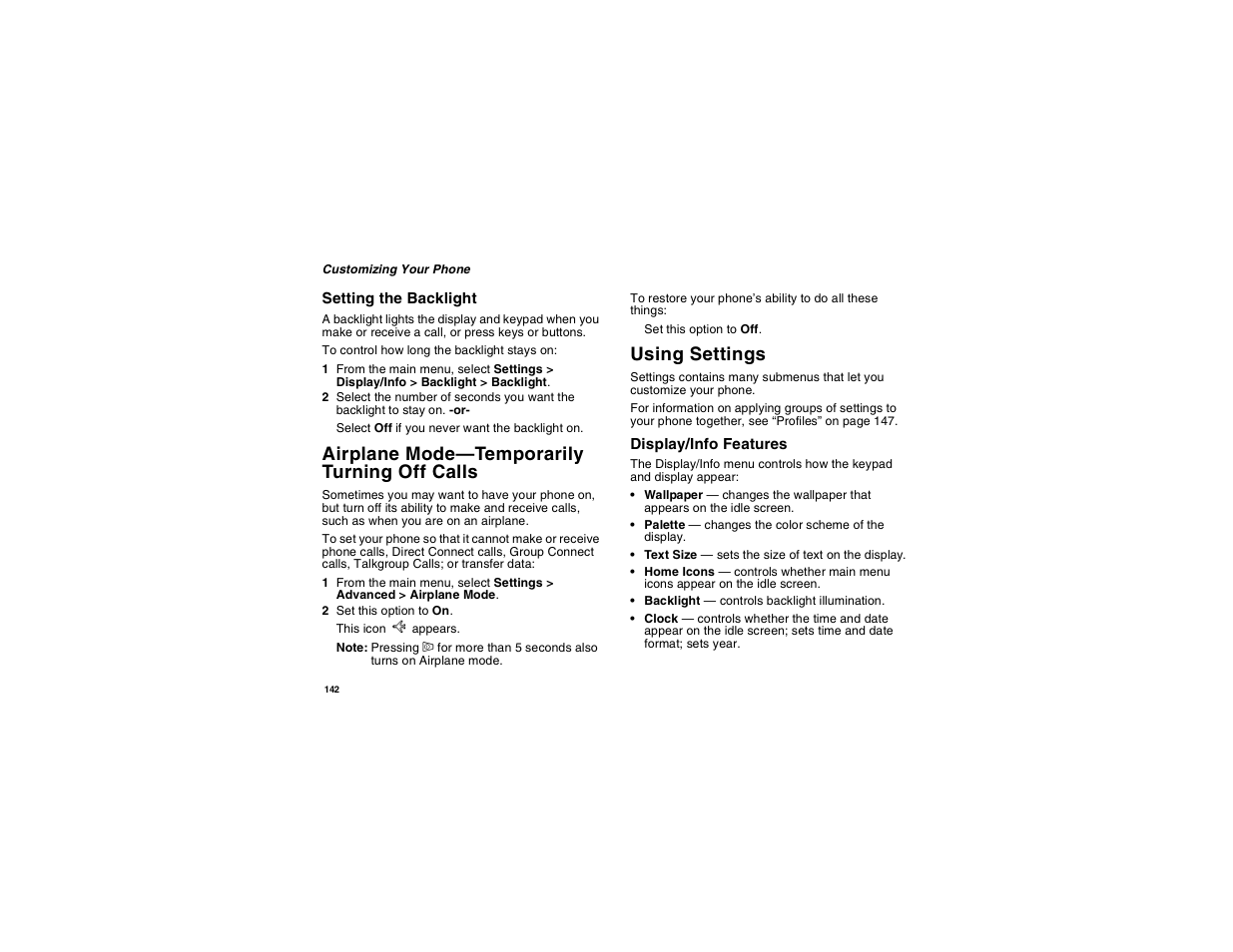 Airplane mode-temporarily turning off calls, Using settings, Airplane mode | Temporarily turning off calls, Airplane mode—temporarily turning off calls | Motorola i275 User Manual | Page 152 / 207