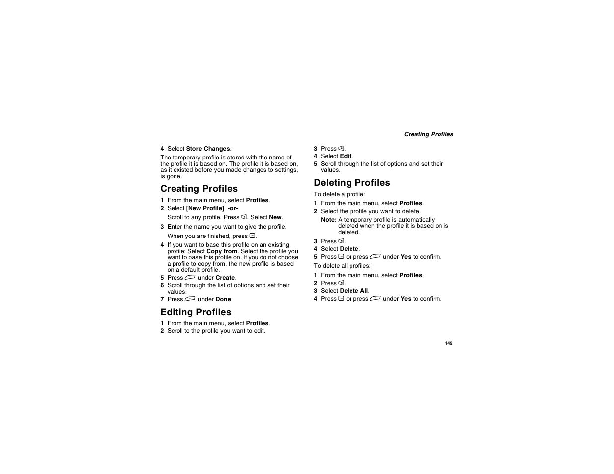 Creating profiles, Editing profiles, Deleting profiles | Motorola i275 User Manual | Page 159 / 207