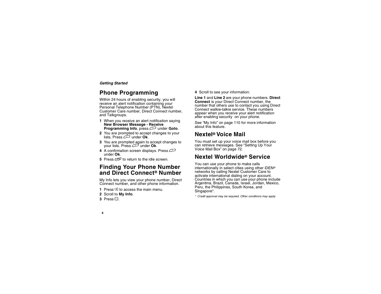 Phone programming, Nextel® voice mail, Nextel worldwide® service | Connect, Nextel, Nextel worldwide, Finding your phone number and direct connect, Number, Voice mail, Service | Motorola i275 User Manual | Page 16 / 207