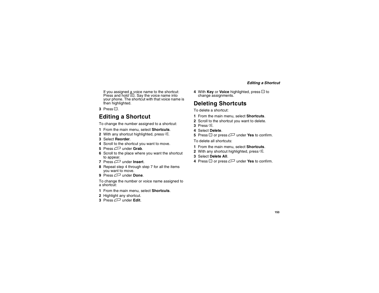 Editing a shortcut, Deleting shortcuts | Motorola i275 User Manual | Page 163 / 207