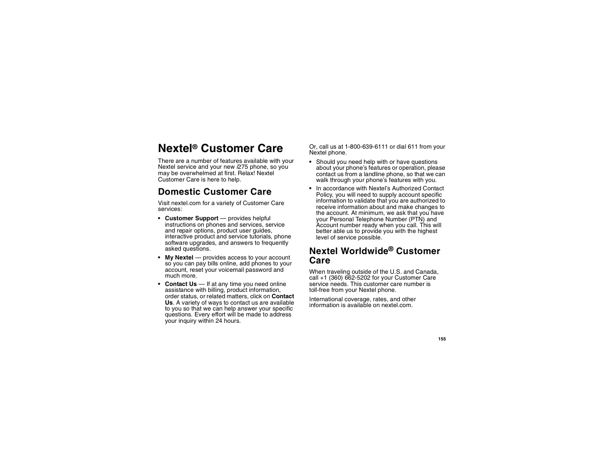 Nextel® customer care, Domestic customer care, Nextel worldwide® customer care | Nextel, Nextel worldwide, Customer care | Motorola i275 User Manual | Page 165 / 207