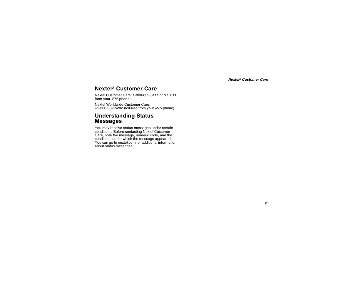 Nextel® customer care, Understanding status messages, Nextel | Customer care | Motorola i275 User Manual | Page 27 / 207