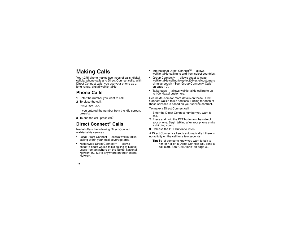 Making calls, Phone calls, Direct connect® calls | Direct connect, Calls | Motorola i275 User Manual | Page 28 / 207