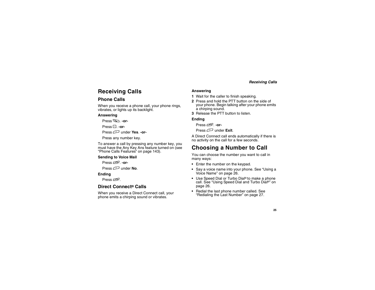 Receiving calls, Choosing a number to call, Receiving calls choosing a number to call | Motorola i275 User Manual | Page 35 / 207