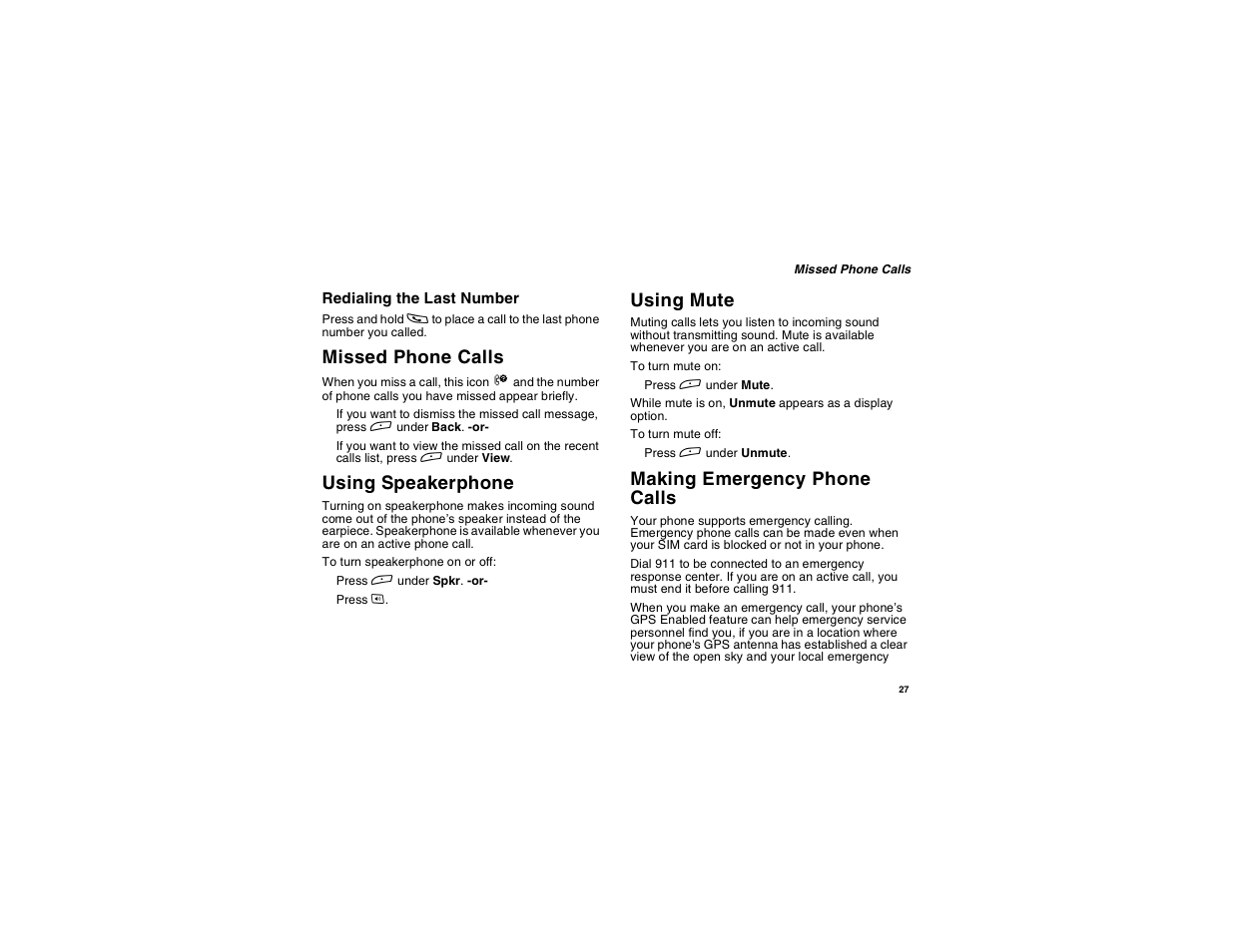 Missed phone calls, Using speakerphone, Using mute | Making emergency phone calls | Motorola i275 User Manual | Page 37 / 207