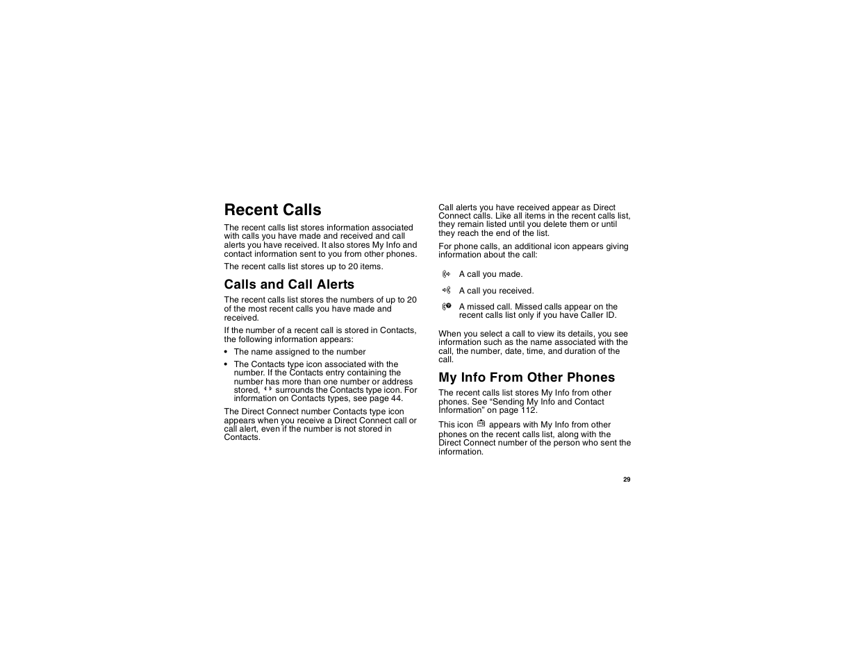 Recent calls, Calls and call alerts, My info from other phones | Motorola i275 User Manual | Page 39 / 207