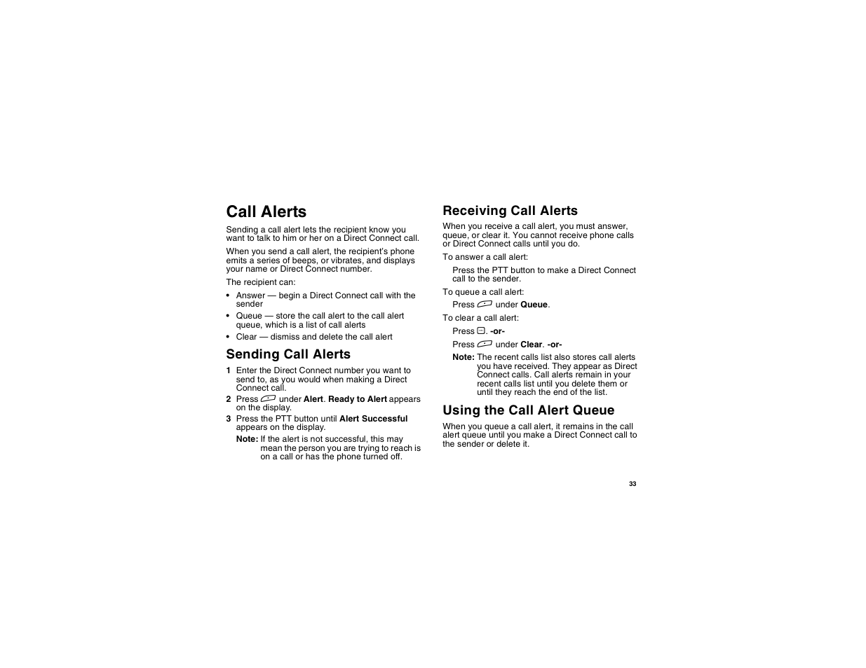 Call alerts, Sending call alerts, Receiving call alerts | Using the call alert queue, Sending call alerts receiving call alerts | Motorola i275 User Manual | Page 43 / 207