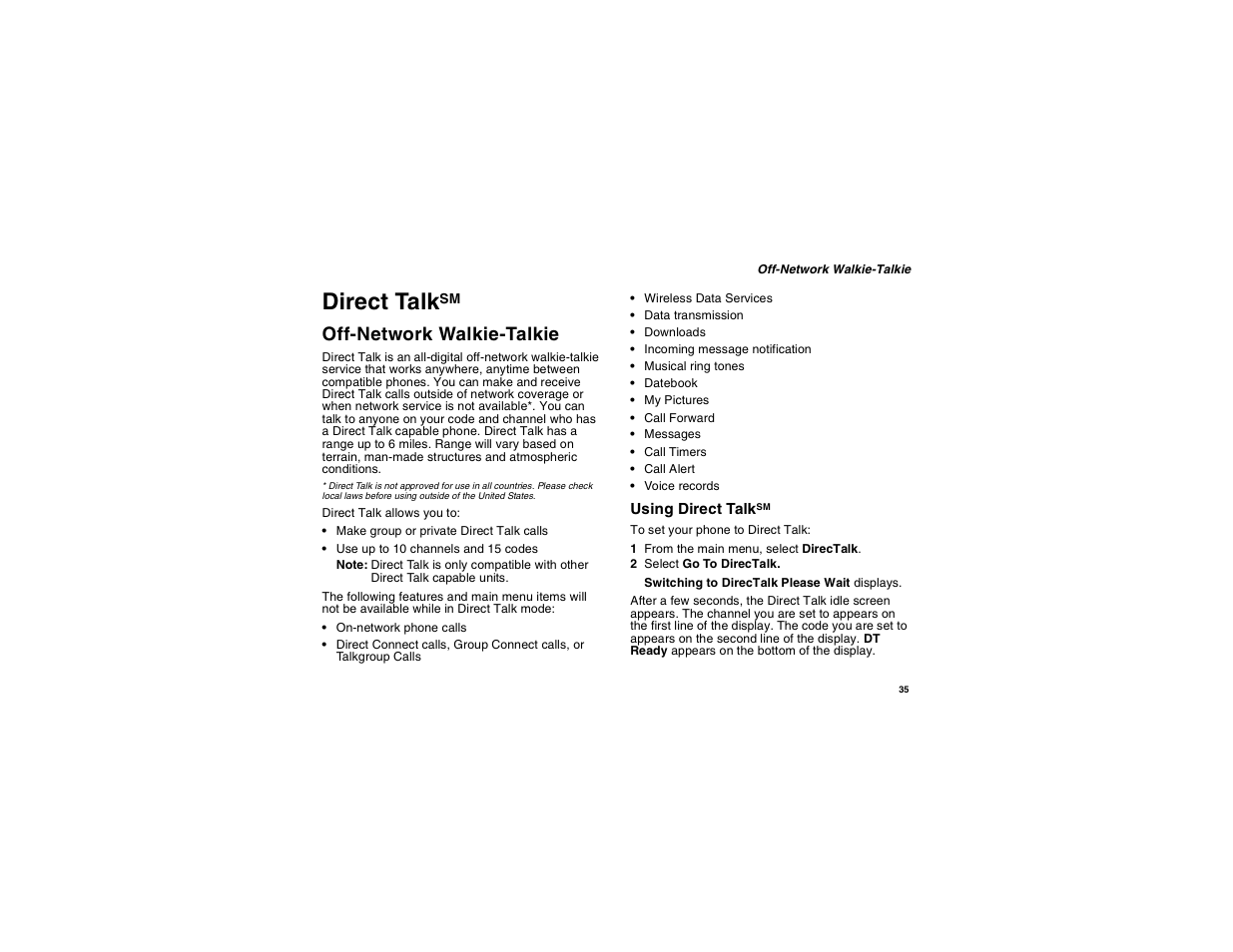 Direct talksm, Off-network walkie-talkie, Direct talk | Motorola i275 User Manual | Page 45 / 207