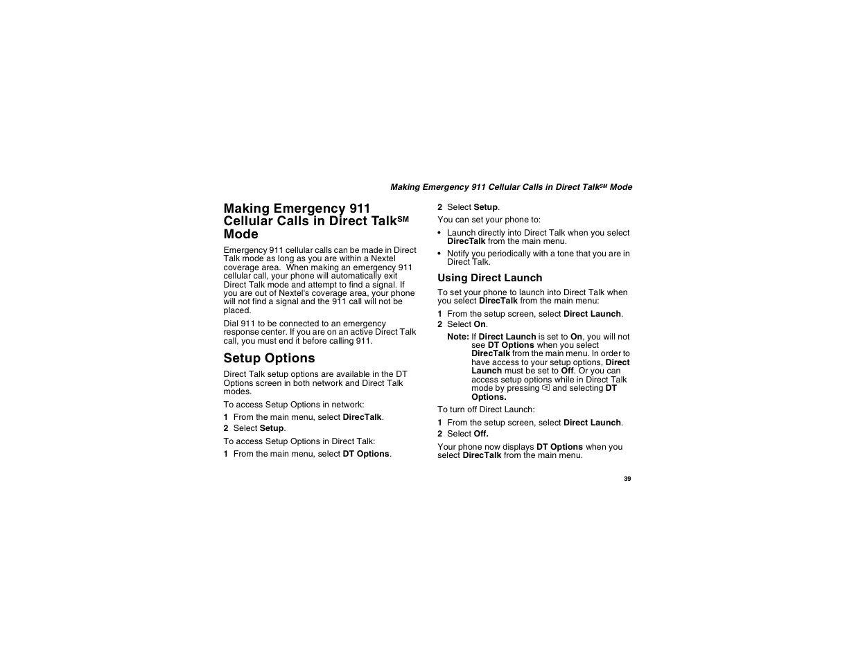 Setup options, Making emergency 911 cellular calls in, Direct talk | Making emergency 911 cellular calls in direct talk, Mode | Motorola i275 User Manual | Page 49 / 207