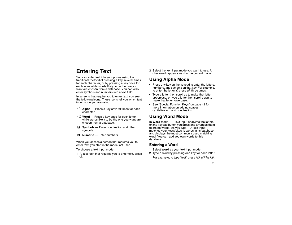 Entering text, Using alpha mode, Using word mode | Motorola i275 User Manual | Page 51 / 207