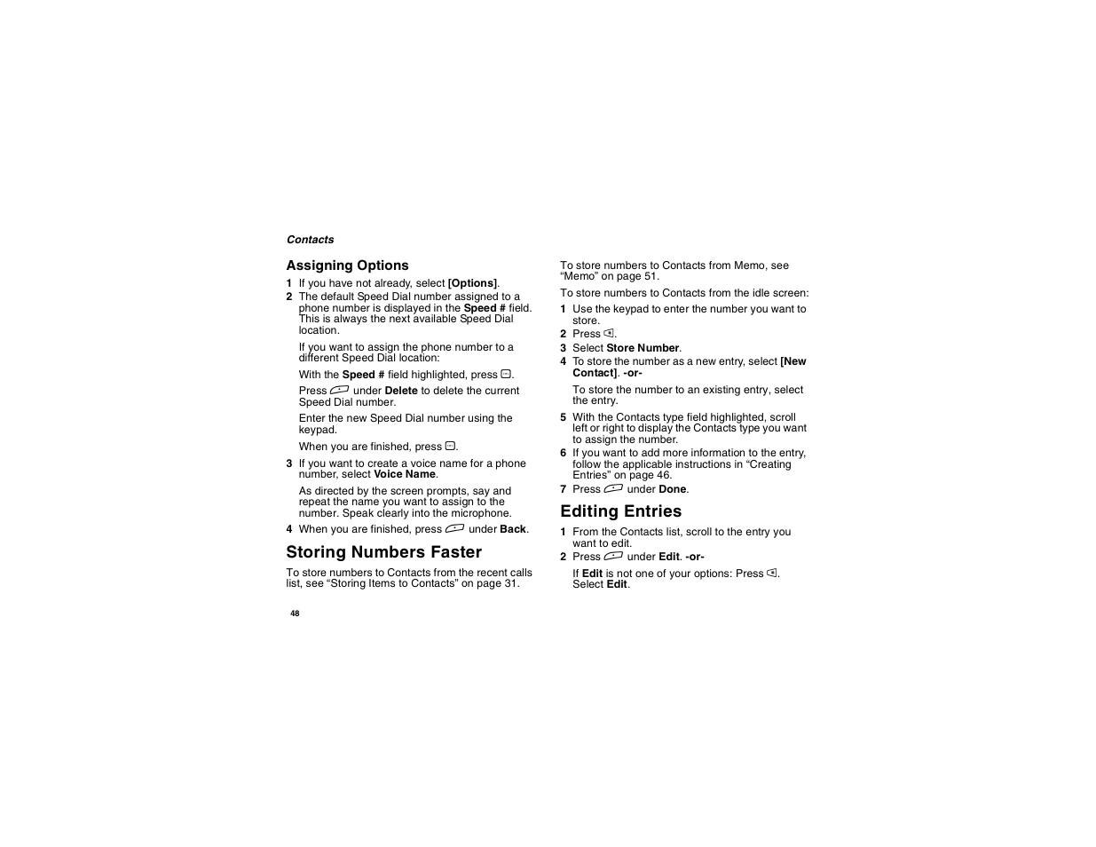 Storing numbers faster, Editing entries | Motorola i275 User Manual | Page 58 / 207