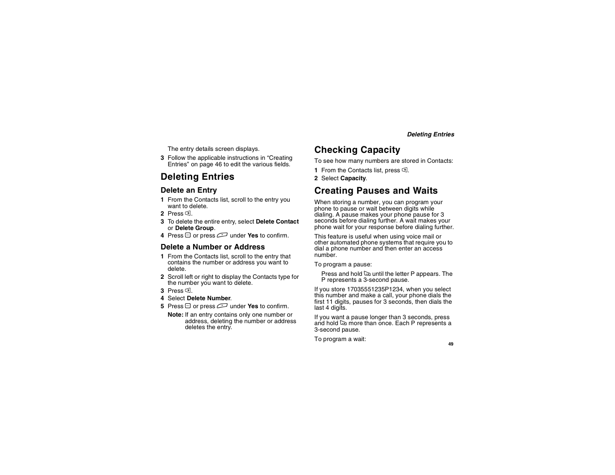 Deleting entries, Checking capacity, Creating pauses and waits | Deleting entries checking capacity | Motorola i275 User Manual | Page 59 / 207