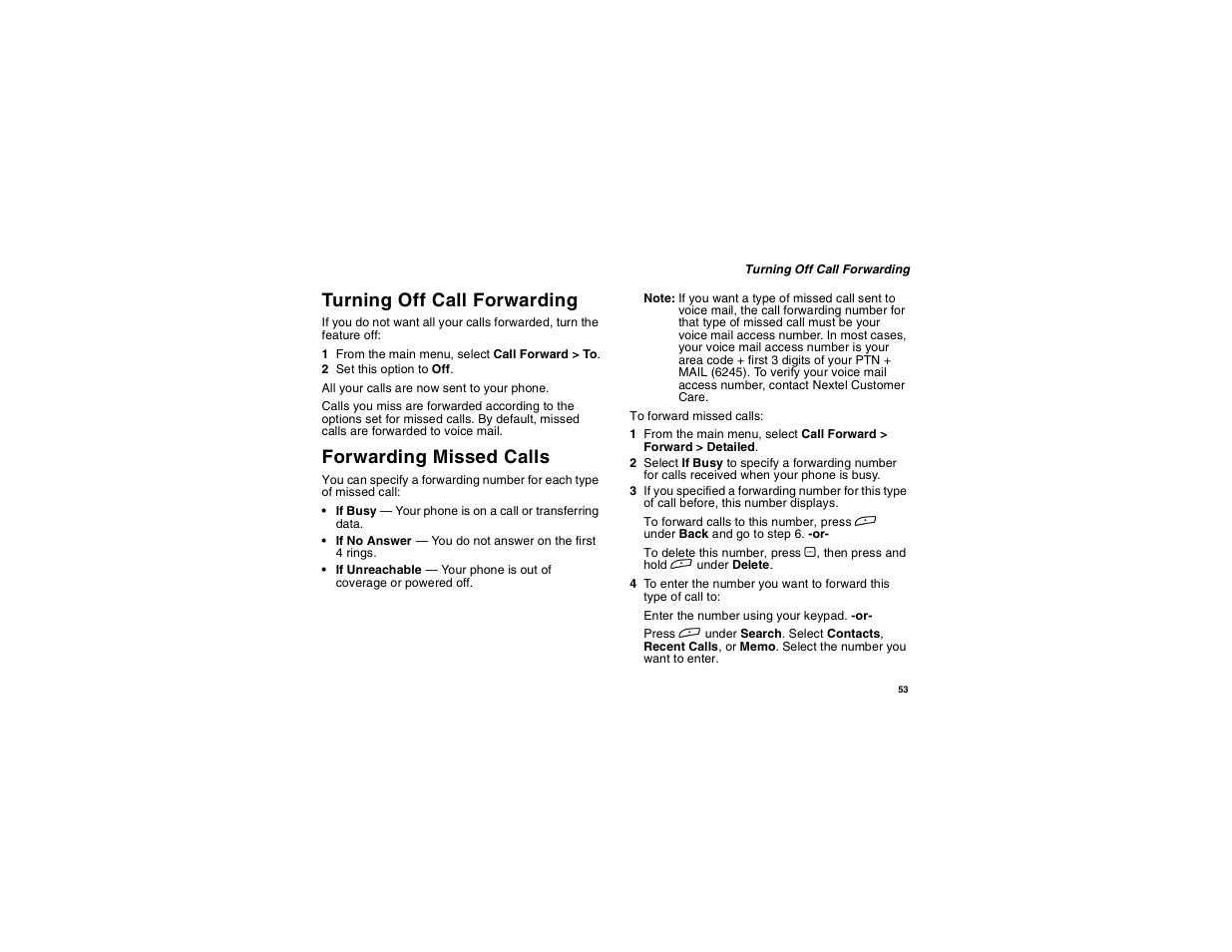 Turning off call forwarding, Forwarding missed calls | Motorola i275 User Manual | Page 63 / 207