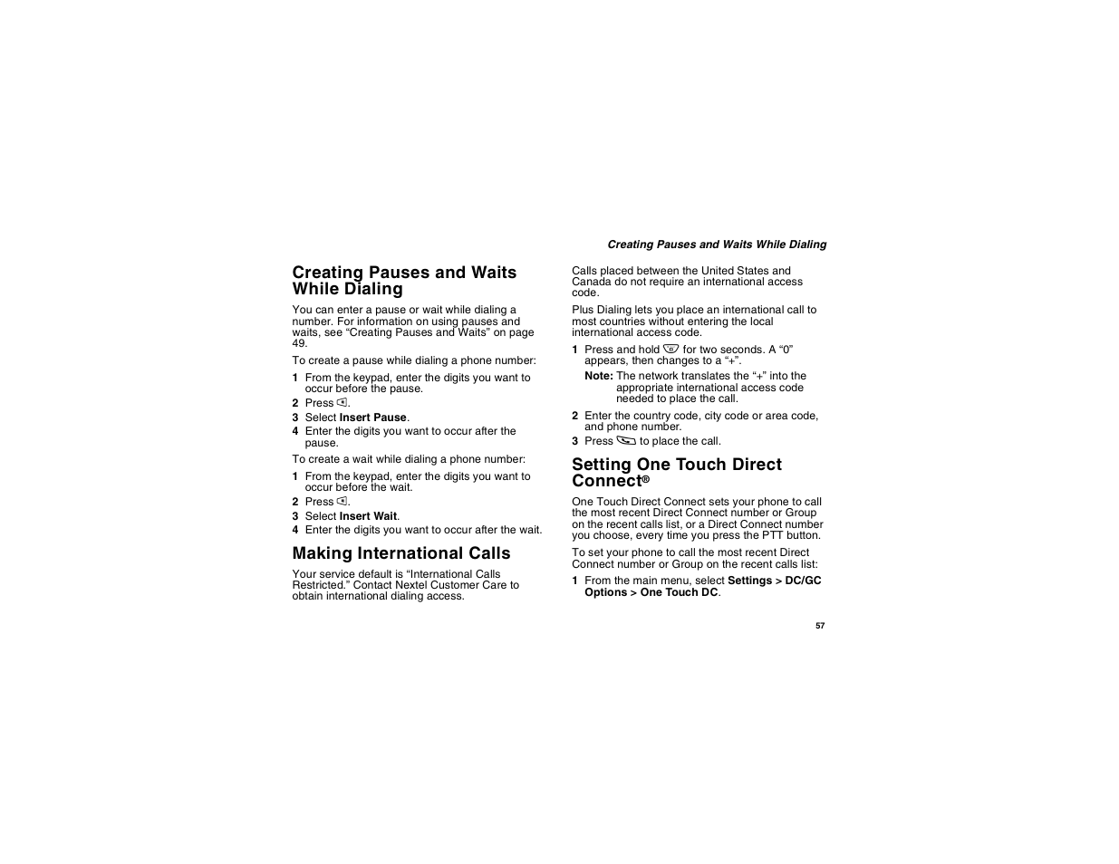 Creating pauses and waits while dialing, Making international calls, Setting one touch direct connect | Motorola i275 User Manual | Page 67 / 207