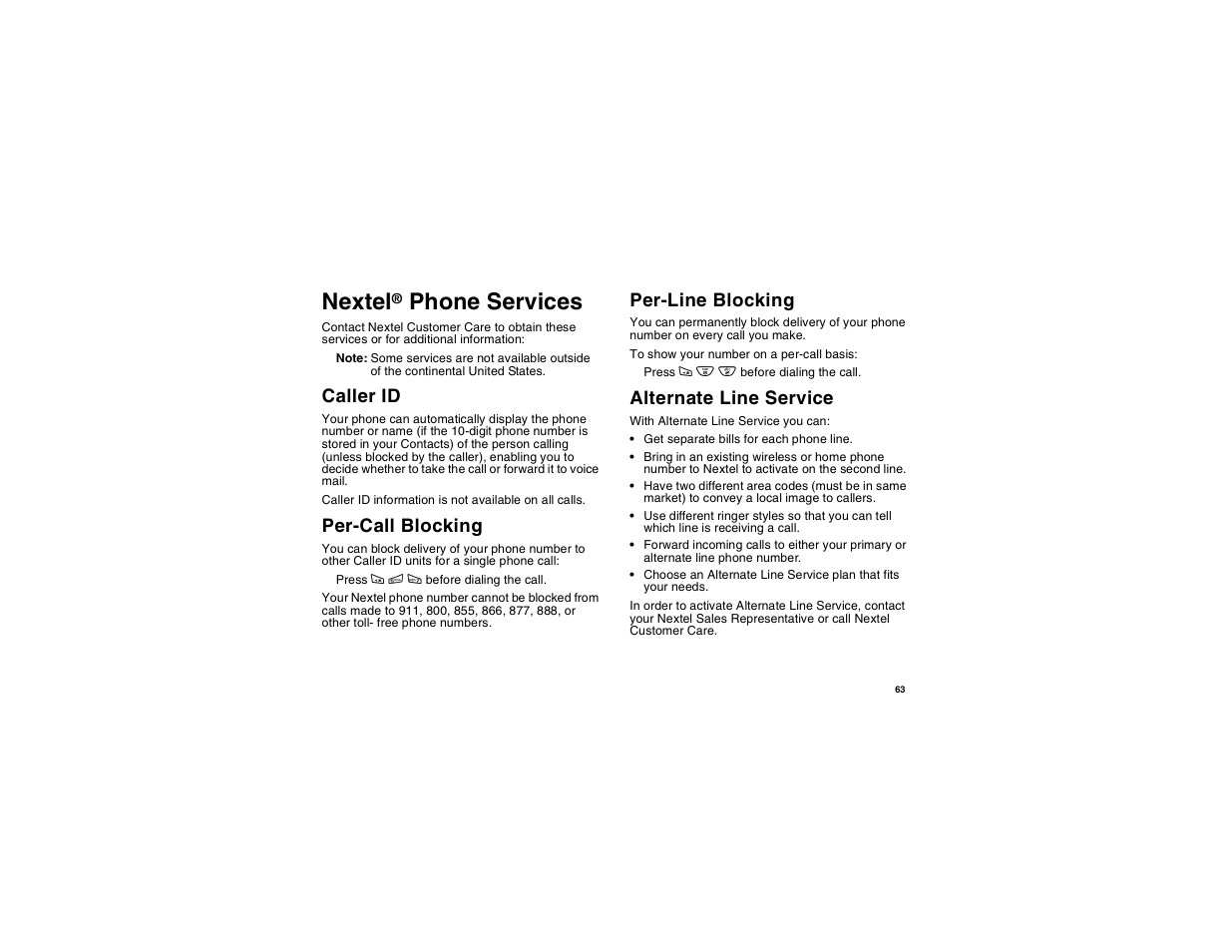 Nextel® phone services, Caller id, Per-call blocking | Per-line blocking, Alternate line service, Nextel, Phone services | Motorola i275 User Manual | Page 73 / 207