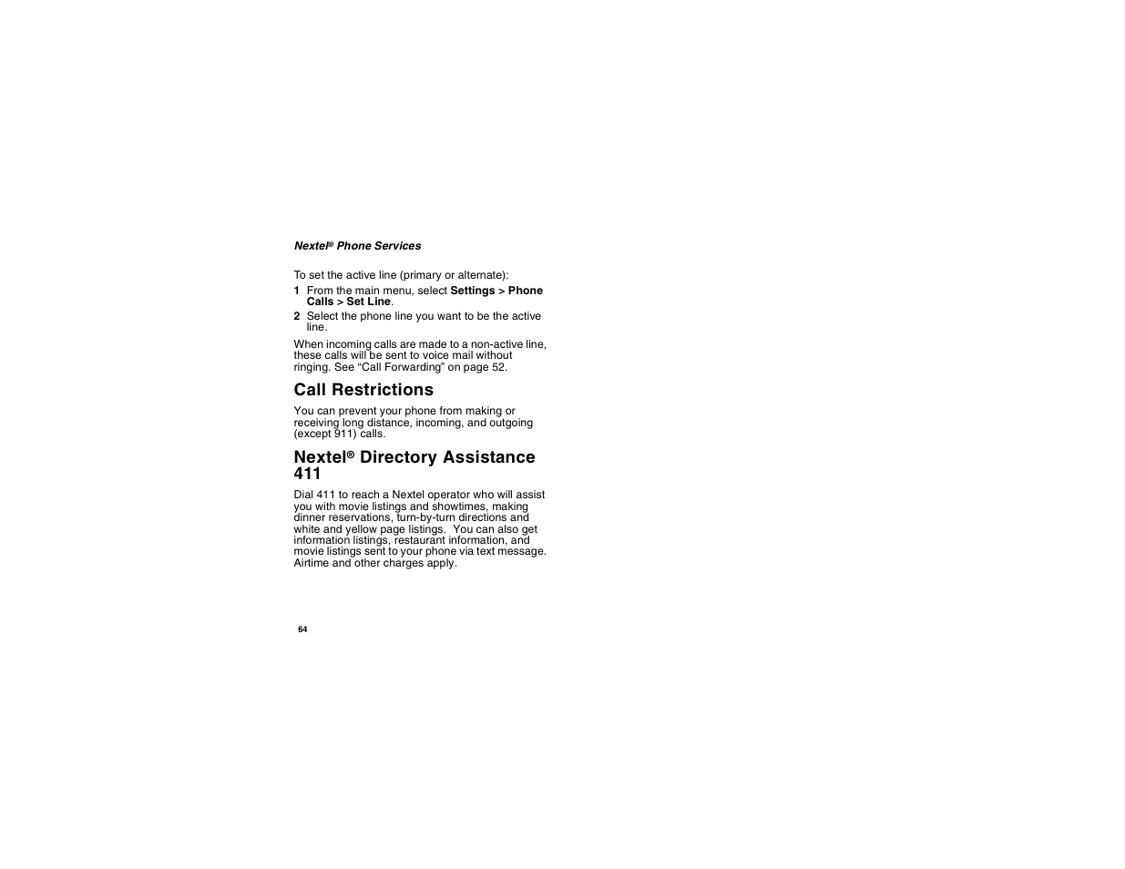 Call restrictions, Nextel® directory assistance 411, Nextel | Directory assistance 411 | Motorola i275 User Manual | Page 74 / 207