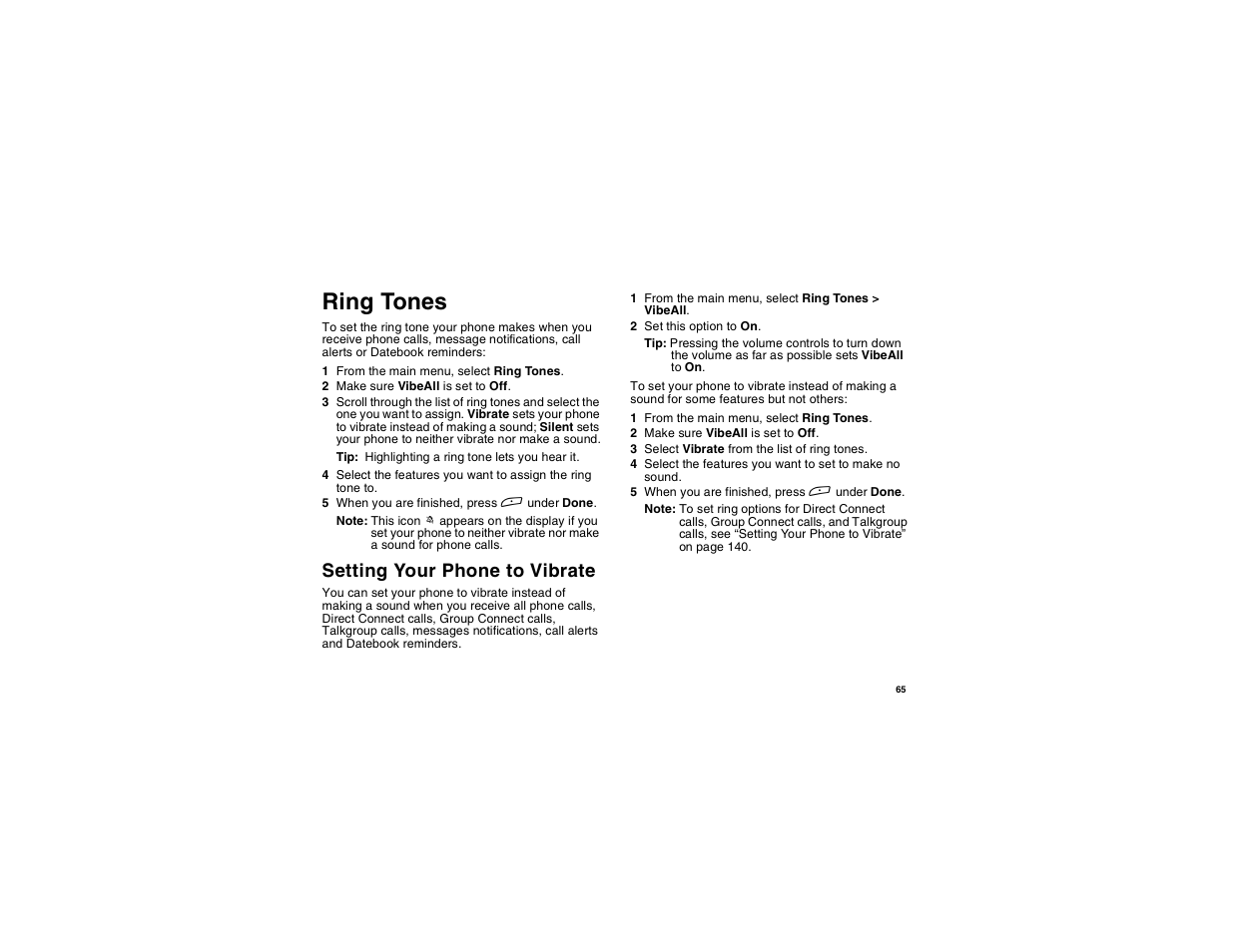 Ring tones, Setting your phone to vibrate | Motorola i275 User Manual | Page 75 / 207