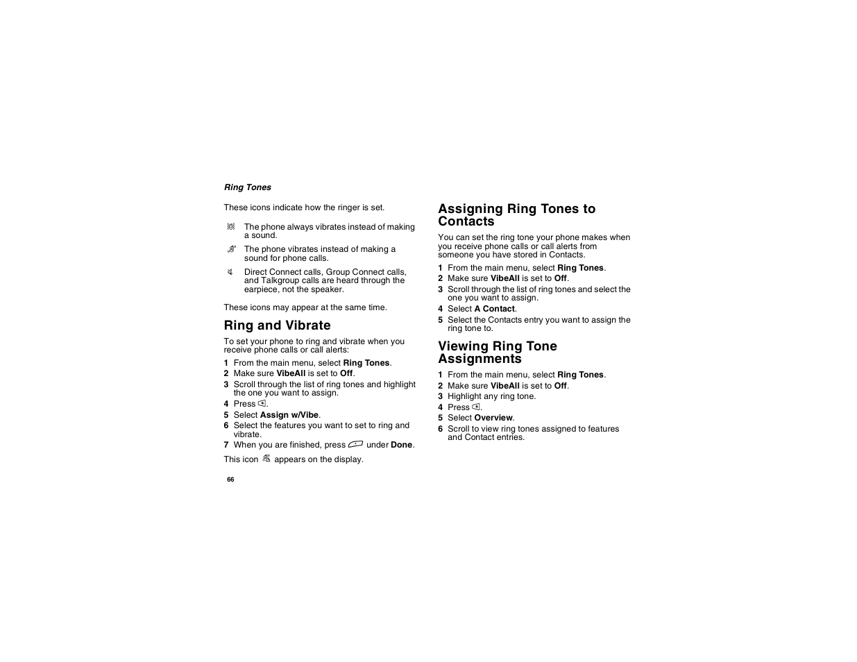 Ring and vibrate, Assigning ring tones to contacts, Viewing ring tone assignments | Motorola i275 User Manual | Page 76 / 207