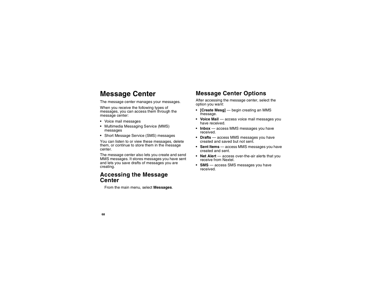 Message center, Accessing the message center, Message center options | Motorola i275 User Manual | Page 78 / 207