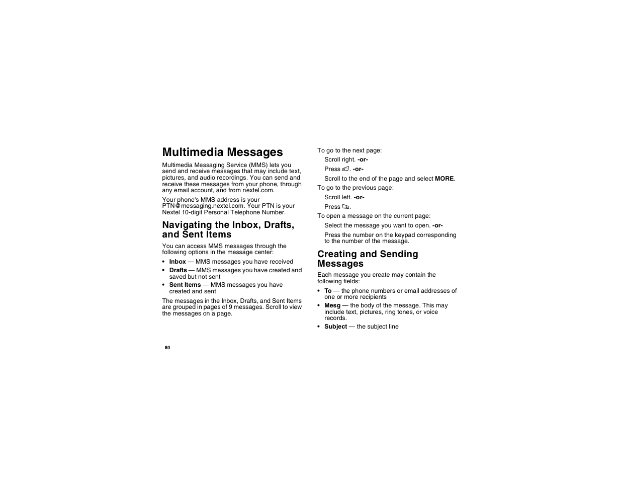 Multimedia messages, Navigating the inbox, drafts, and sent items, Creating and sending messages | Motorola i275 User Manual | Page 90 / 207