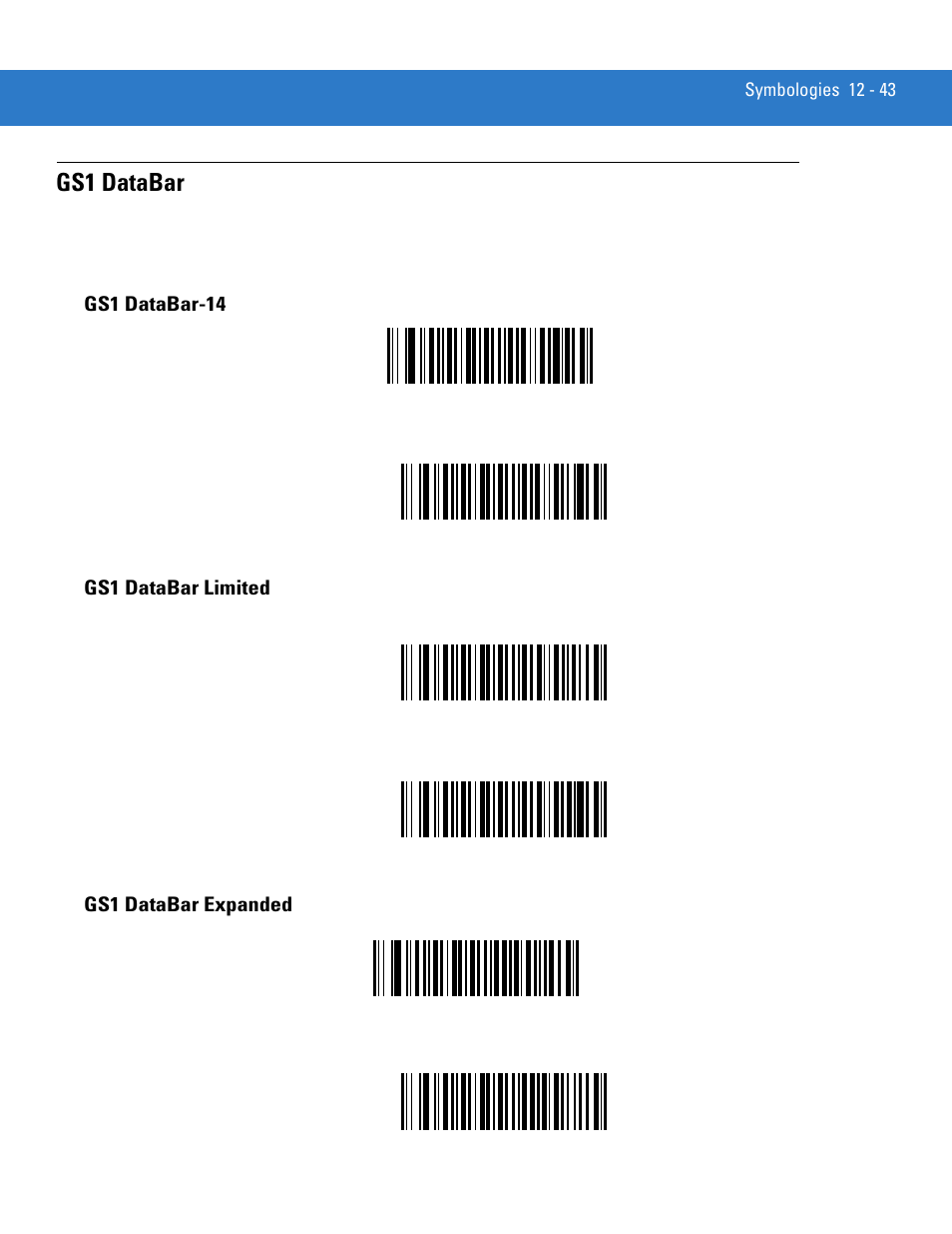 Gs1 databar, Gs1 databar-14, Gs1 databar limited | Gs1 databar expanded, Gs1 databar -43 | Motorola LS3478 User Manual | Page 197 / 336