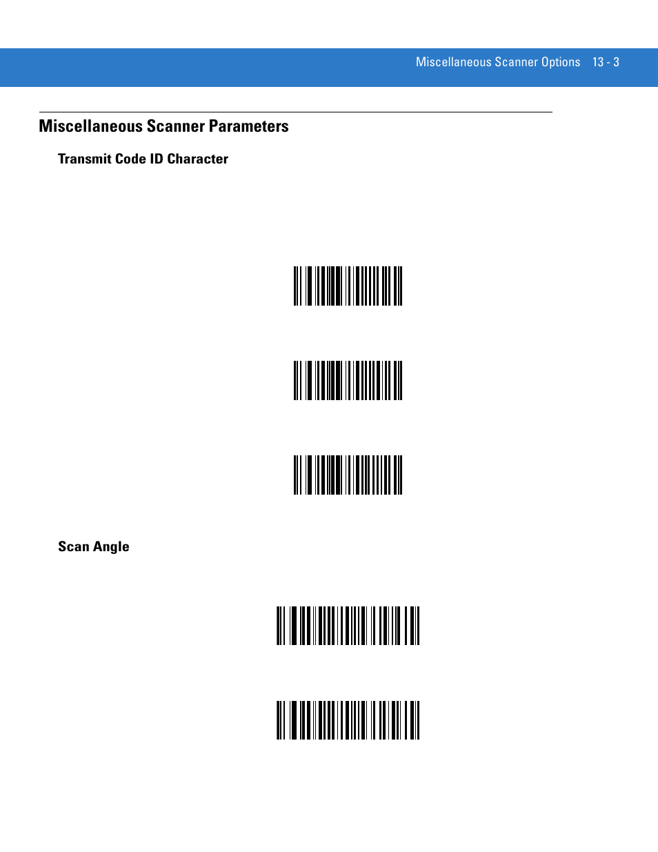 Miscellaneous scanner parameters, Transmit code id character, Scan angle | Miscellaneous scanner parameters -3, Transmit code id character -3 scan angle -3 | Motorola LS3478 User Manual | Page 205 / 336