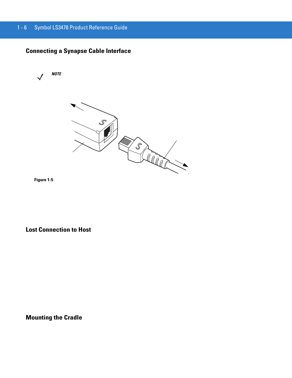 Connecting a synapse cable interface, Lost connection to host, Mounting the cradle | Motorola LS3478 User Manual | Page 24 / 336