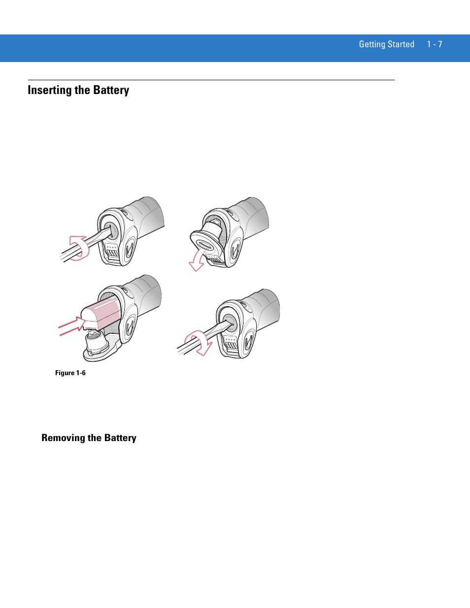 Inserting the battery, Removing the battery, Inserting the battery -7 | Removing the battery -7 | Motorola LS3478 User Manual | Page 25 / 336