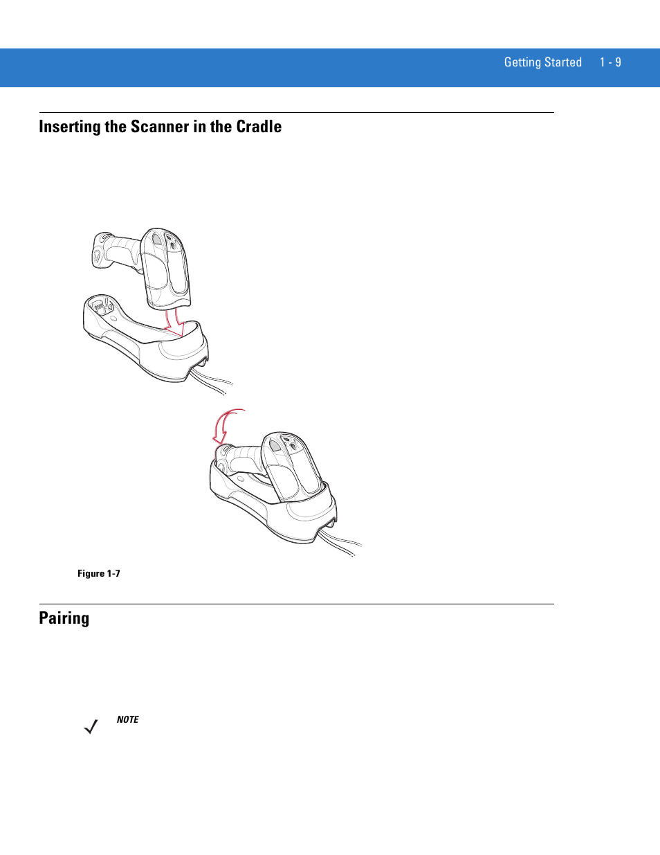 Inserting the scanner in the cradle, Pairing, Inserting the scanner in the cradle -9 pairing -9 | Motorola LS3478 User Manual | Page 27 / 336