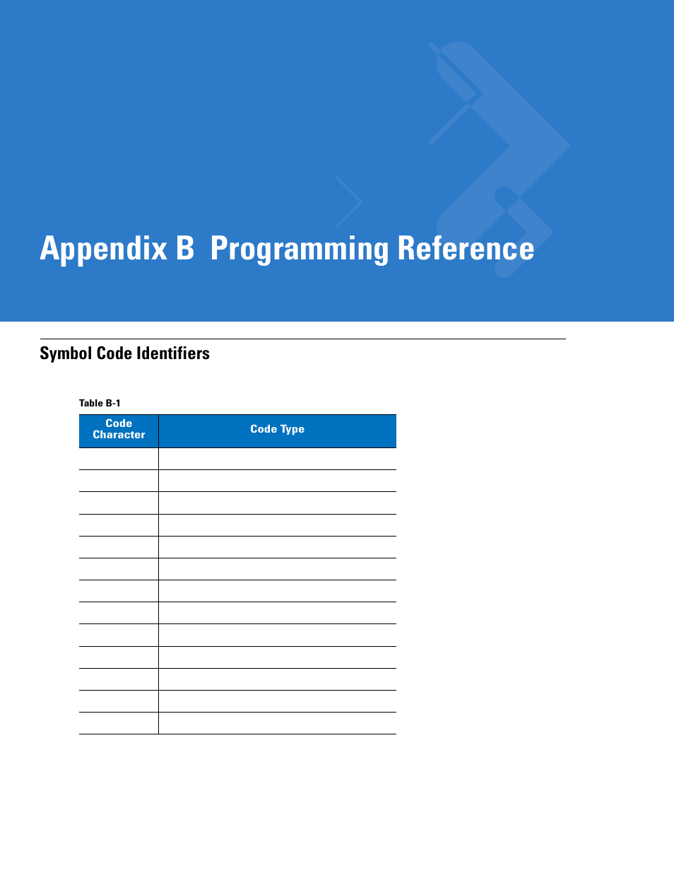 Programming reference, Symbol code identifiers, Appendix b: programming reference | Appendix b, programming reference, Appendix b programming reference | Motorola LS3478 User Manual | Page 307 / 336