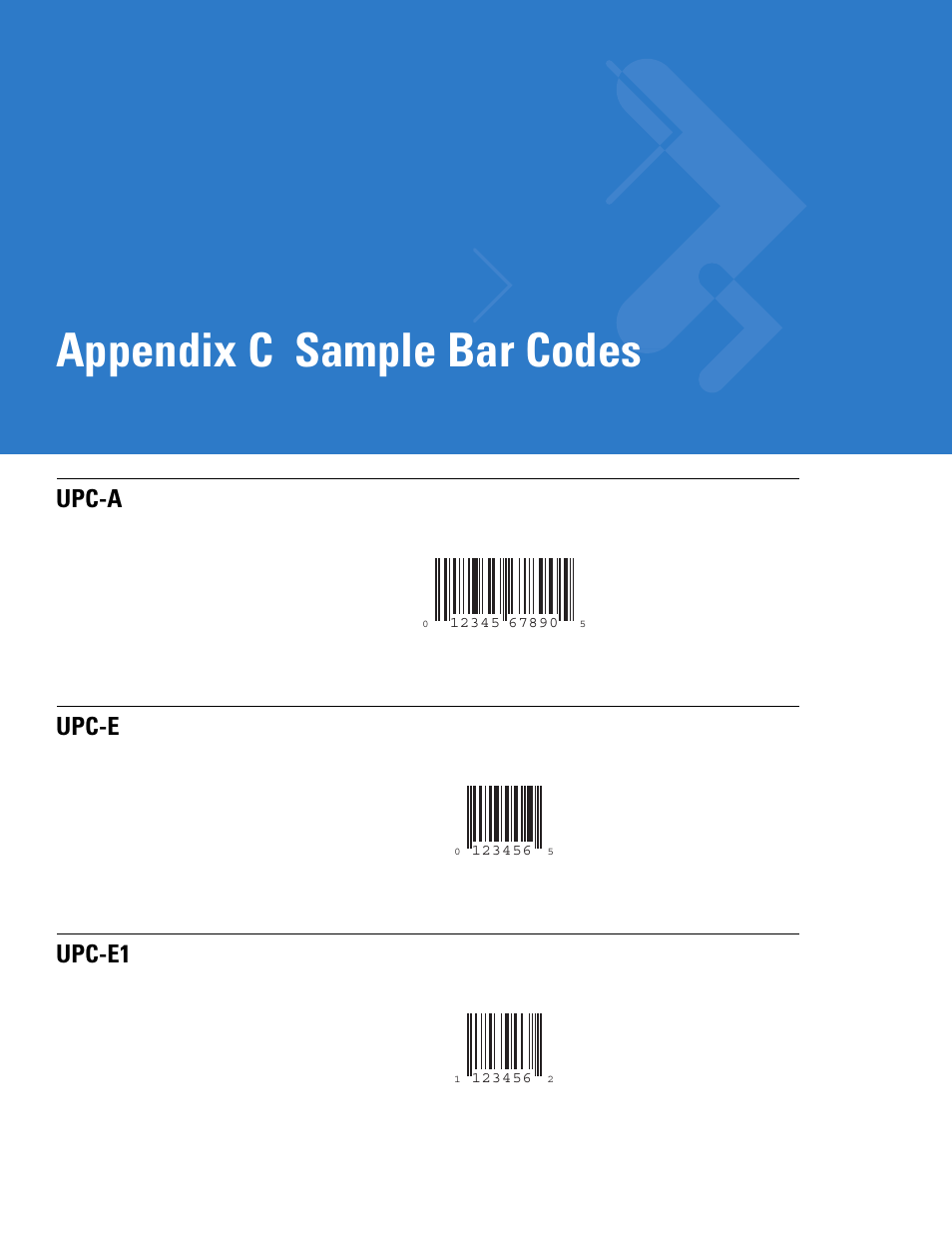 Sample bar codes, Upc-a, Upc-e | Upc-e1, Appendix c: sample bar codes, Appendix c, sample bar codes, Appendix c sample bar codes, Upc-a upc-e upc-e1 | Motorola LS3478 User Manual | Page 311 / 336