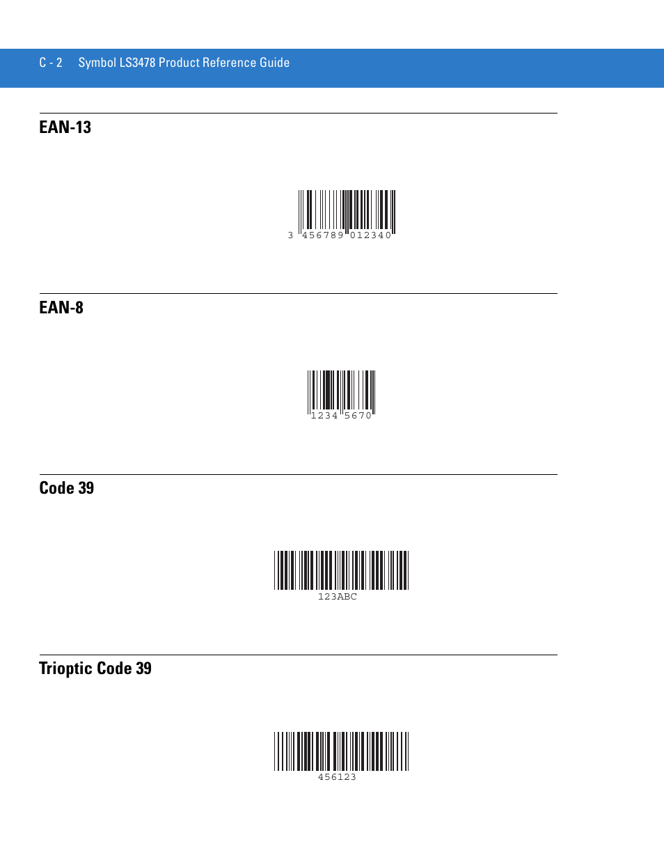 Ean-13, Ean-8, Code 39 | Trioptic code 39 | Motorola LS3478 User Manual | Page 312 / 336