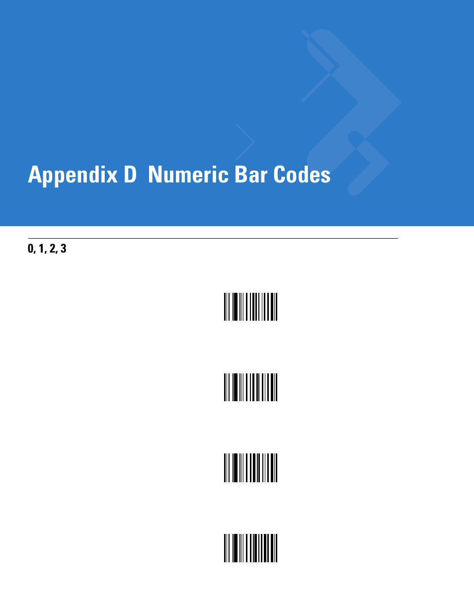 Numeric bar codes, Appendix d: numeric bar codes, Appendix d, numeric bar codes | Includ, Appendix d, numeric, Bar codes, Appendix d, numeric bar, Codes, Appendix, D, numeric bar codes | Motorola LS3478 User Manual | Page 315 / 336