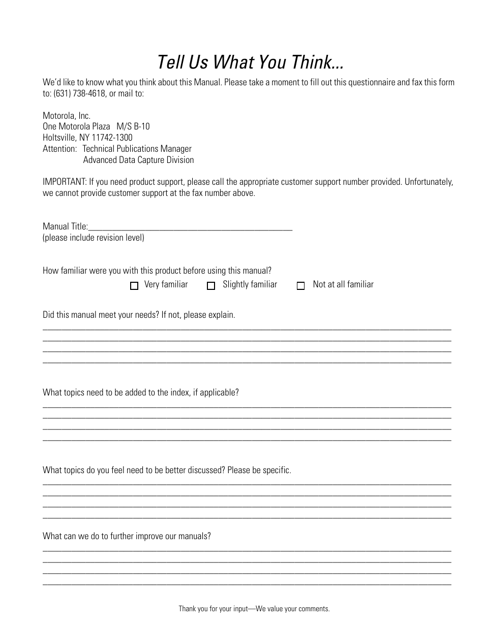 Tell us what you think | Motorola LS3478 User Manual | Page 333 / 336