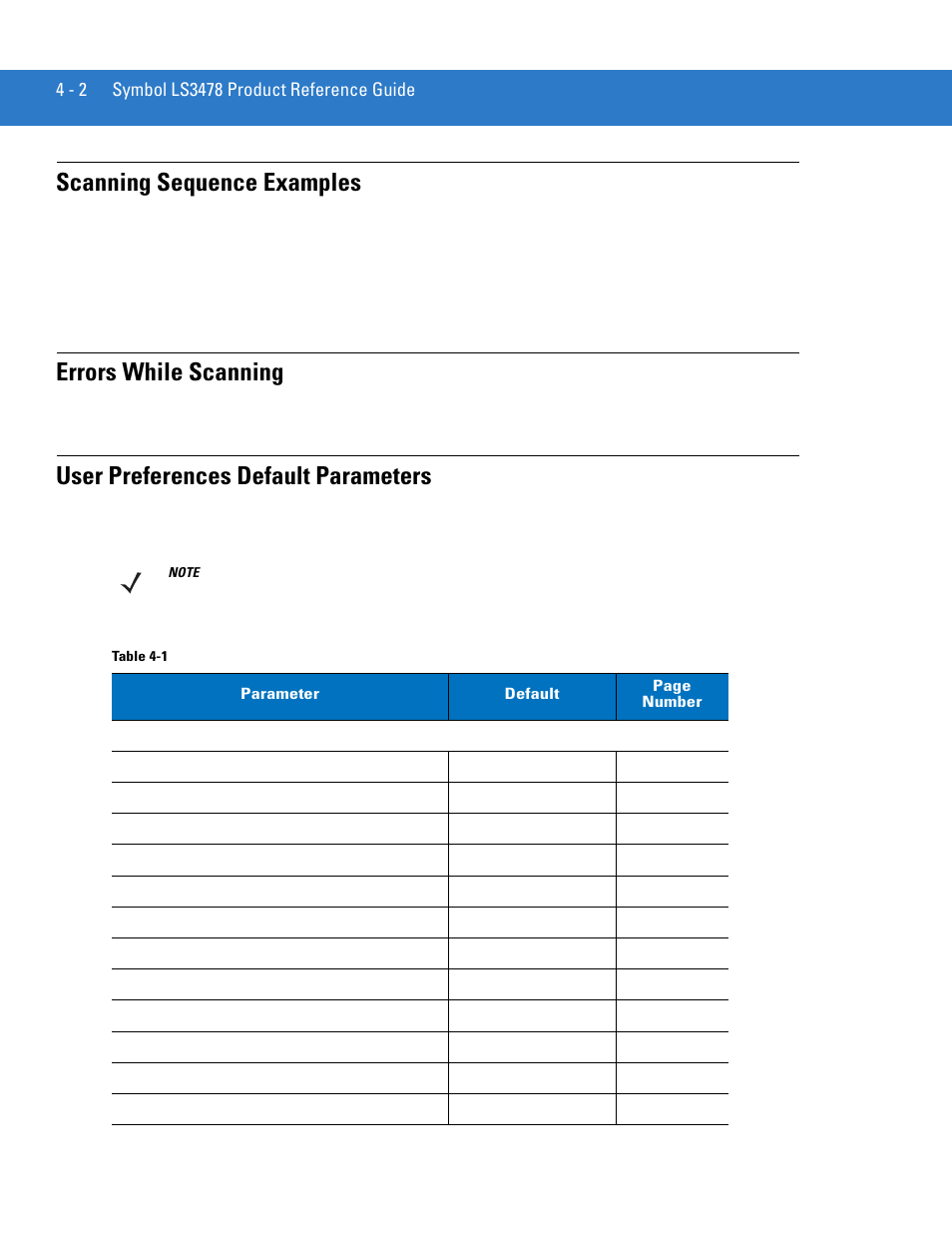 Scanning sequence examples, Errors while scanning, User preferences default parameters | Own in the | Motorola LS3478 User Manual | Page 46 / 336