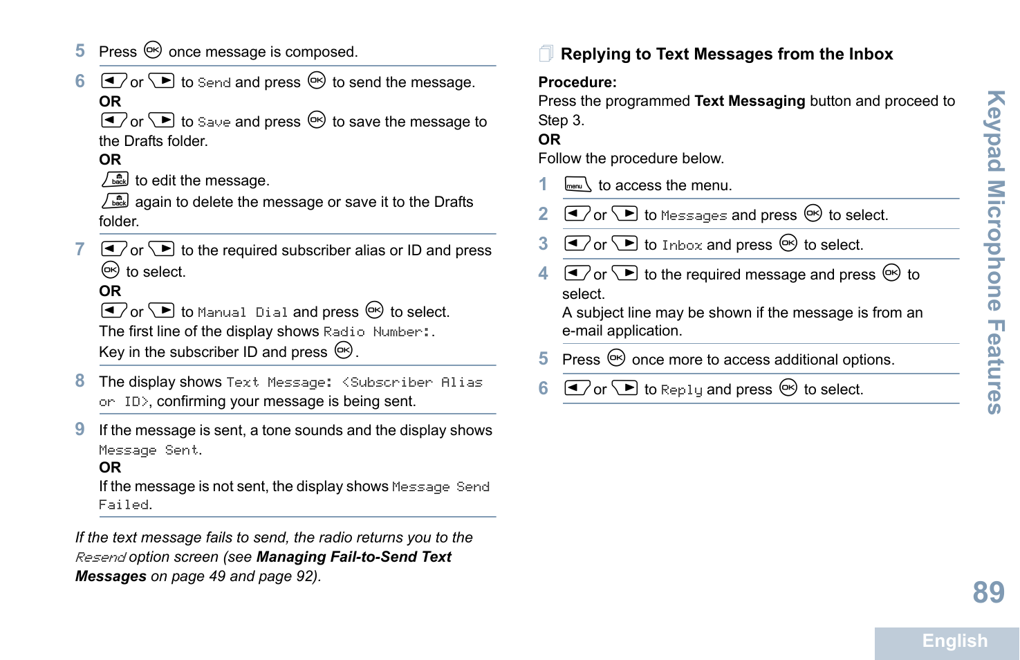 Replying to text messages from the inbox, Keyp ad mic rophone fe atures | Motorola XPR 4580 User Manual | Page 101 / 121