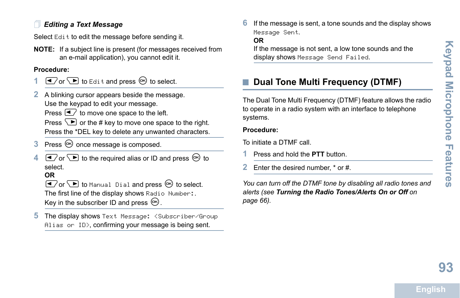 Editing a text message, Dual tone multi frequency (dtmf), See editing a | Editing a text message o, Keyp ad mic rophone fe atures | Motorola XPR 4580 User Manual | Page 105 / 121