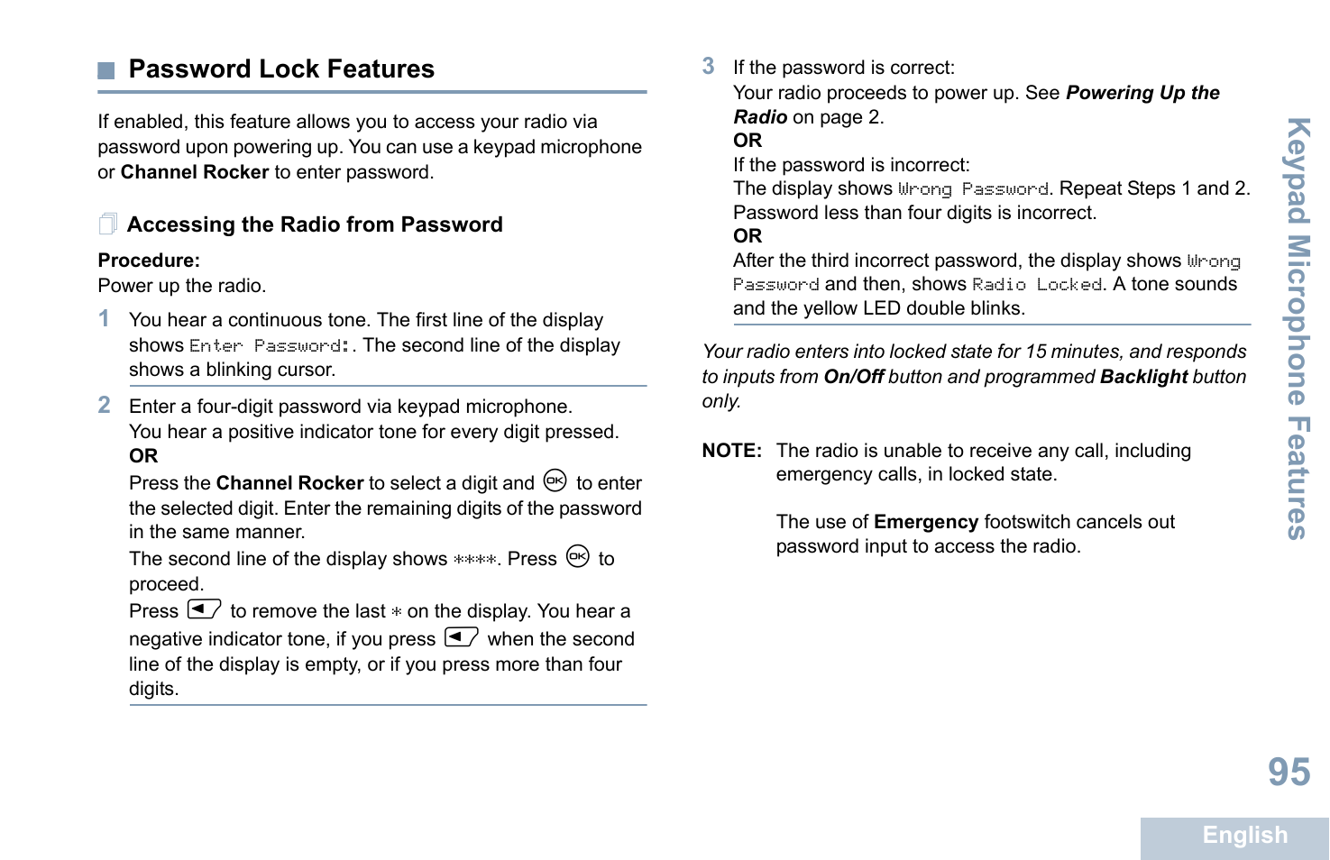 Password lock features, Accessing the radio from password, Keyp ad mic rophone fe atures | Motorola XPR 4580 User Manual | Page 107 / 121