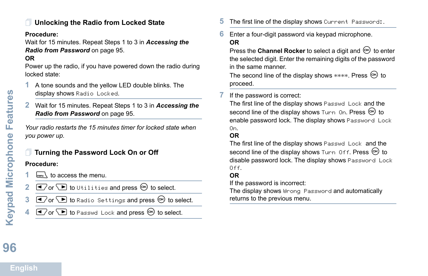 Unlocking the radio from locked state, Turning the password lock on or off, Keyp ad mic rophone fe ature s | Motorola XPR 4580 User Manual | Page 108 / 121