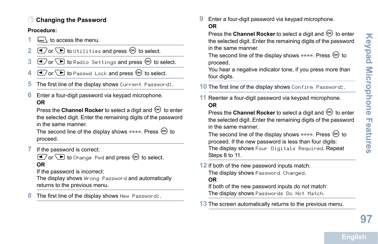 Changing the password, Keyp ad mic rophone fe atures | Motorola XPR 4580 User Manual | Page 109 / 121