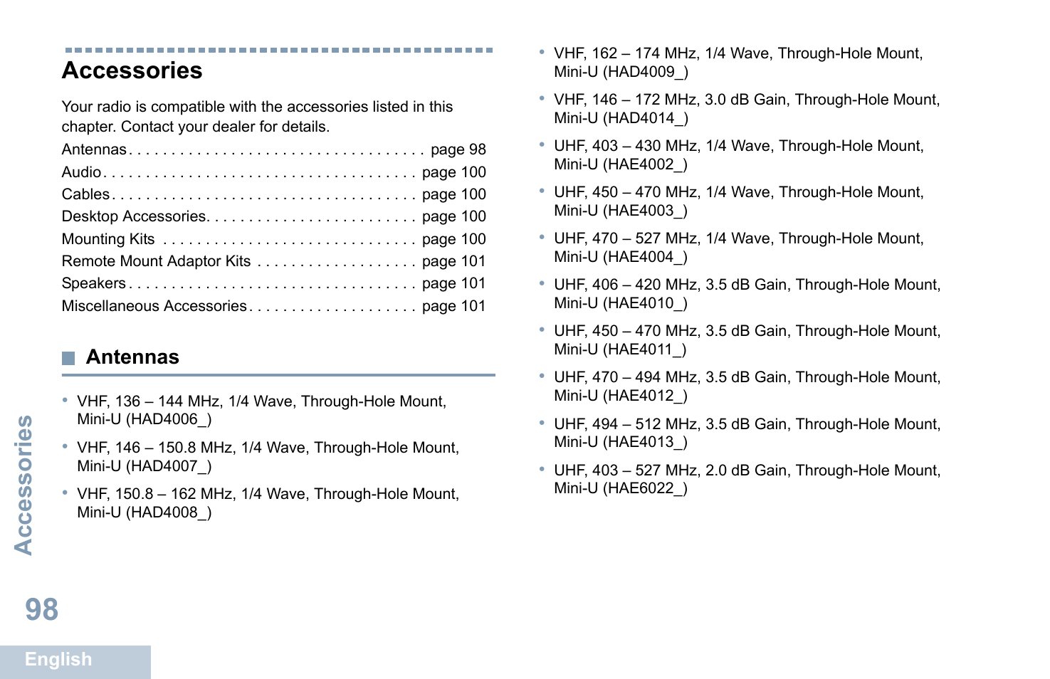 Accessories, Antennas | Motorola XPR 4580 User Manual | Page 110 / 121