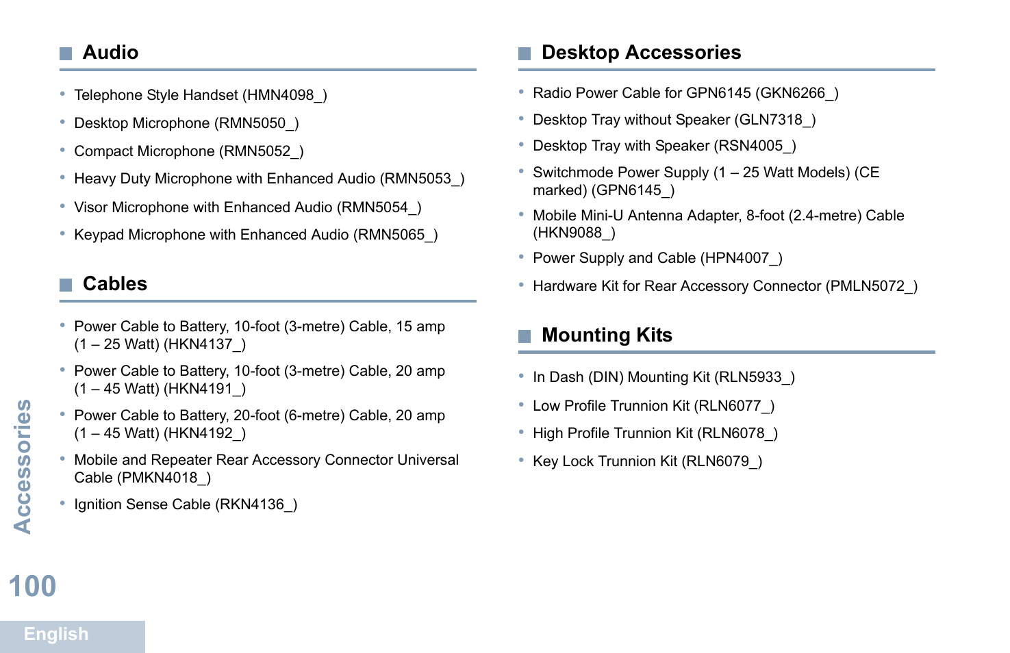 Audio, Cables, Desktop accessories | Mounting kits, Audio cables desktop accessories mounting kits, Accessories | Motorola XPR 4580 User Manual | Page 112 / 121