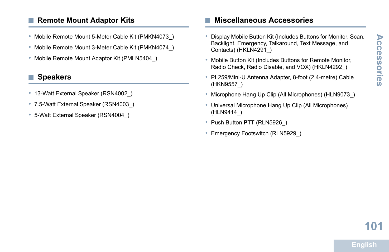 Remote mount adaptor kits, Speakers, Miscellaneous accessories | Accessories | Motorola XPR 4580 User Manual | Page 113 / 121