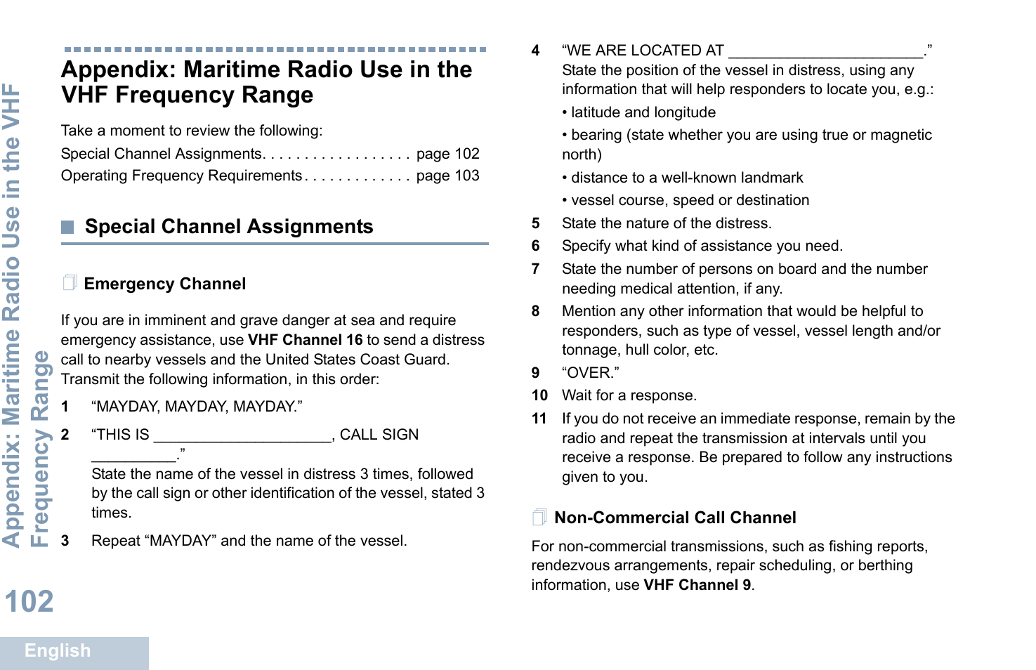 Special channel assignments, Emergency channel, Non-commercial call channel | Appendix: maritime radio use in the vhf frequency, Range, Emergency channel non-commercial call channel | Motorola XPR 4580 User Manual | Page 114 / 121