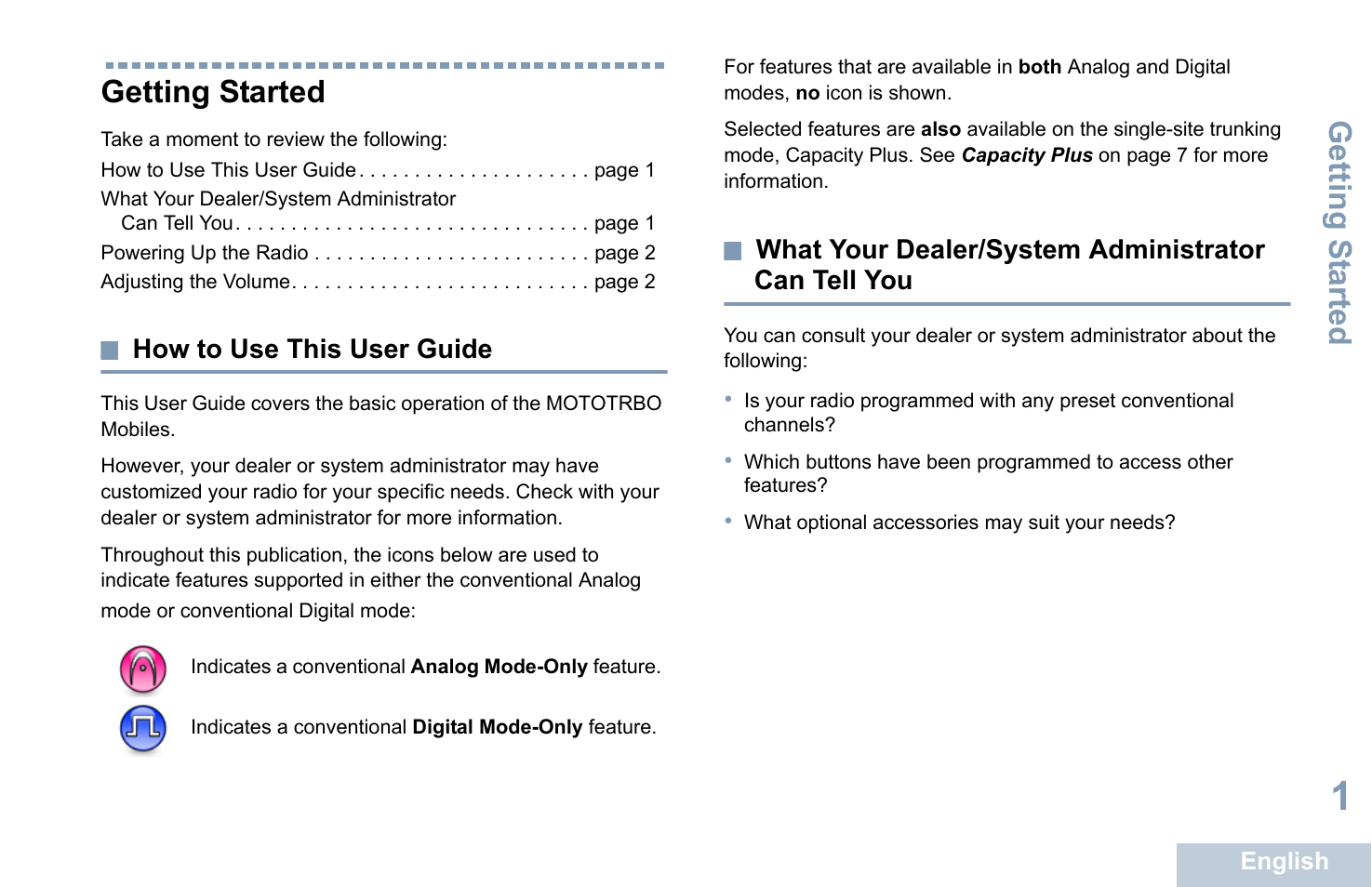 Getting started, How to use this user guide, What your dealer/system administrator can tell you | Getting s tarted | Motorola XPR 4580 User Manual | Page 13 / 121