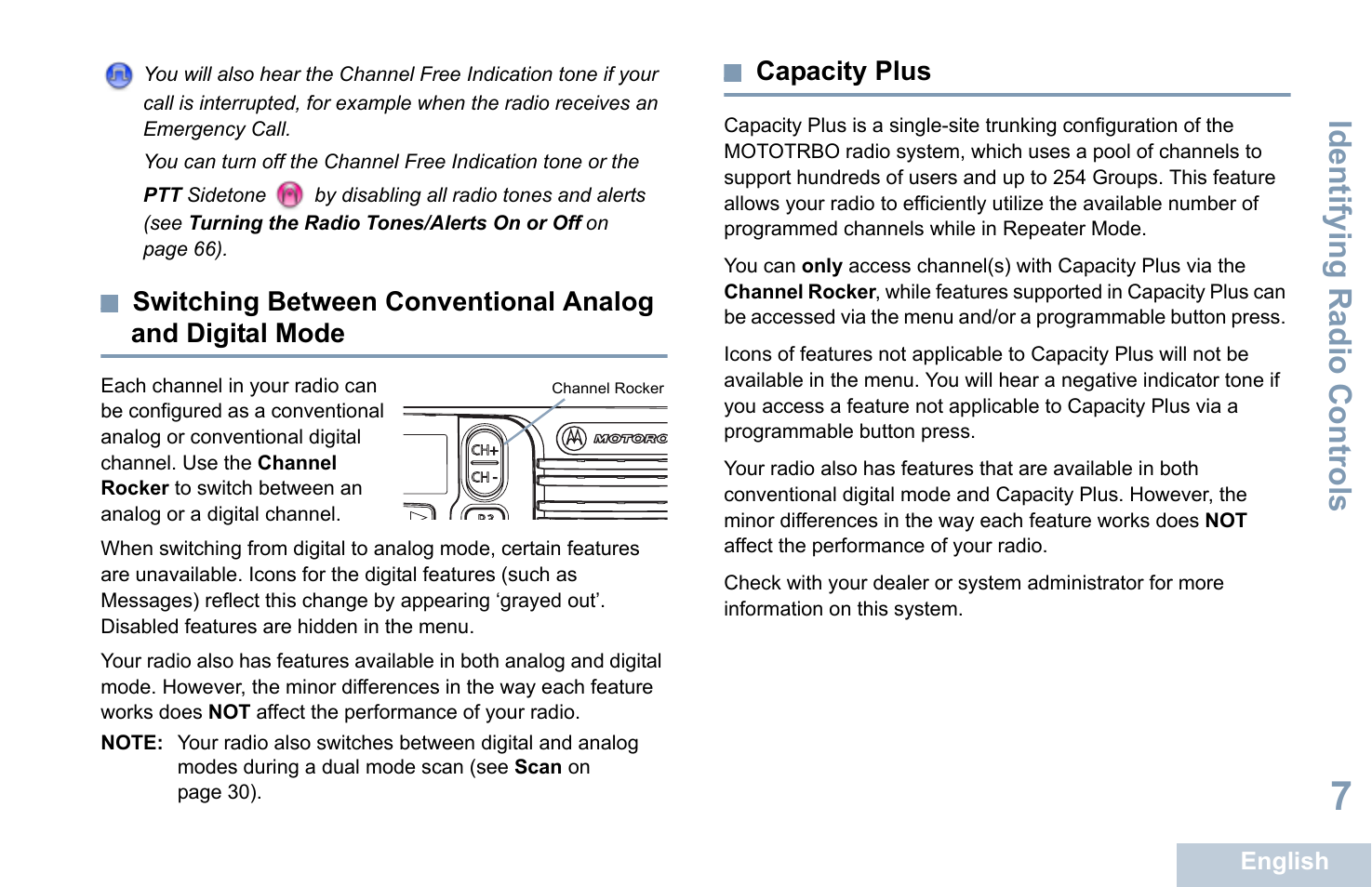 Capacity plus, See capacity plus, Identifying radio controls | Switching between conventional analog, And digital mode | Motorola XPR 4580 User Manual | Page 19 / 121