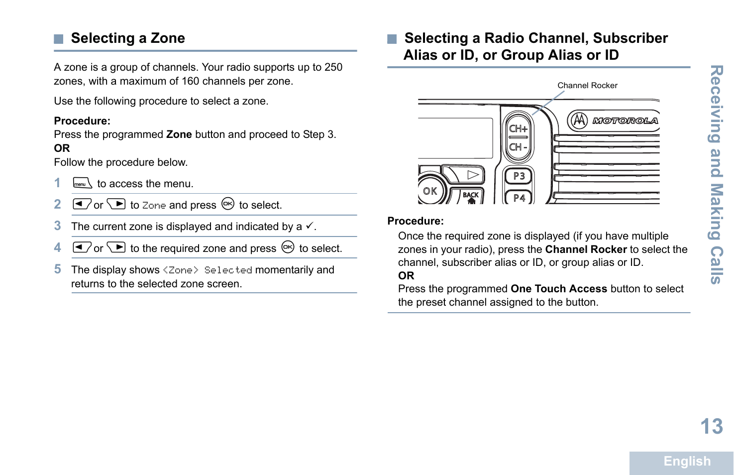 Selecting a zone, Receiving and making calls | Motorola XPR 4580 User Manual | Page 25 / 121