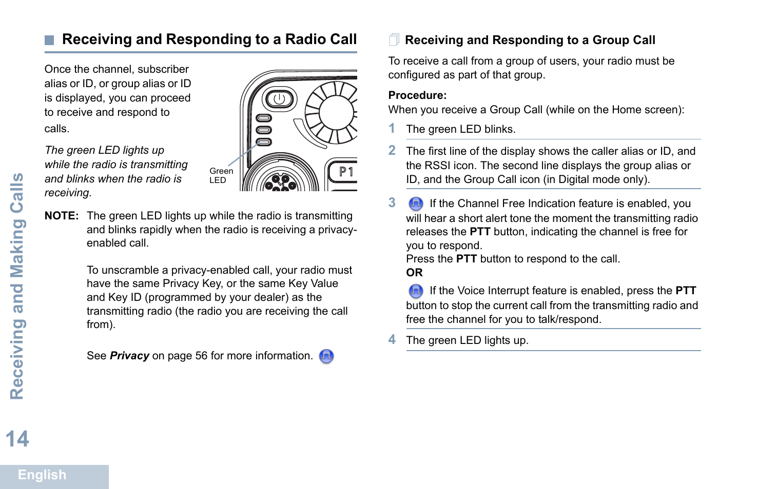 Receiving and responding to a radio call, Receiving and responding to a group call, Receiving and making calls | Motorola XPR 4580 User Manual | Page 26 / 121