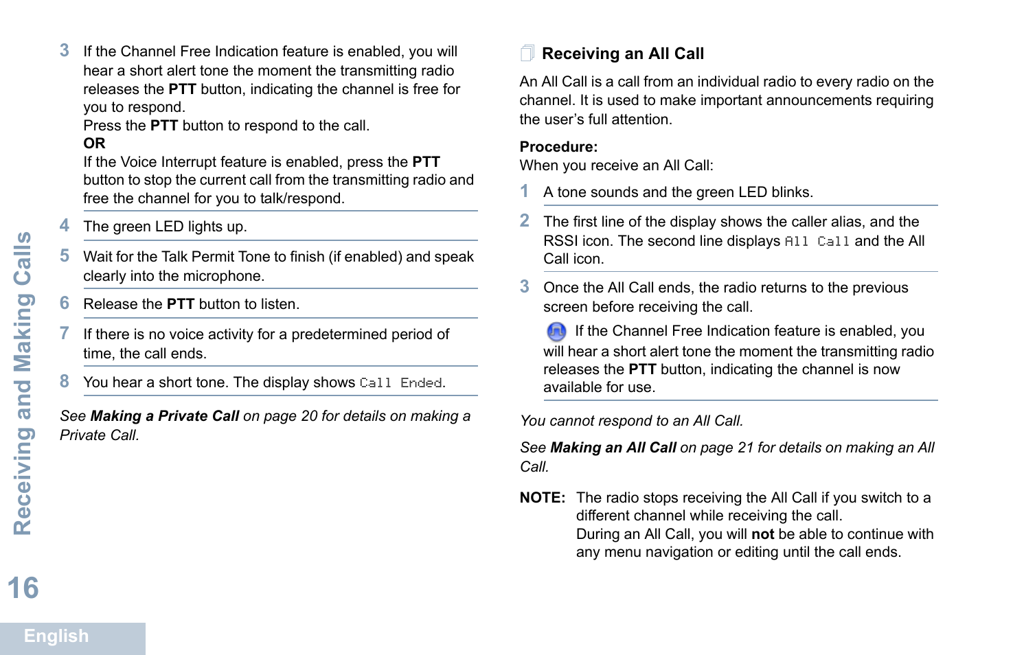 Receiving an all call, Receiving and making calls | Motorola XPR 4580 User Manual | Page 28 / 121