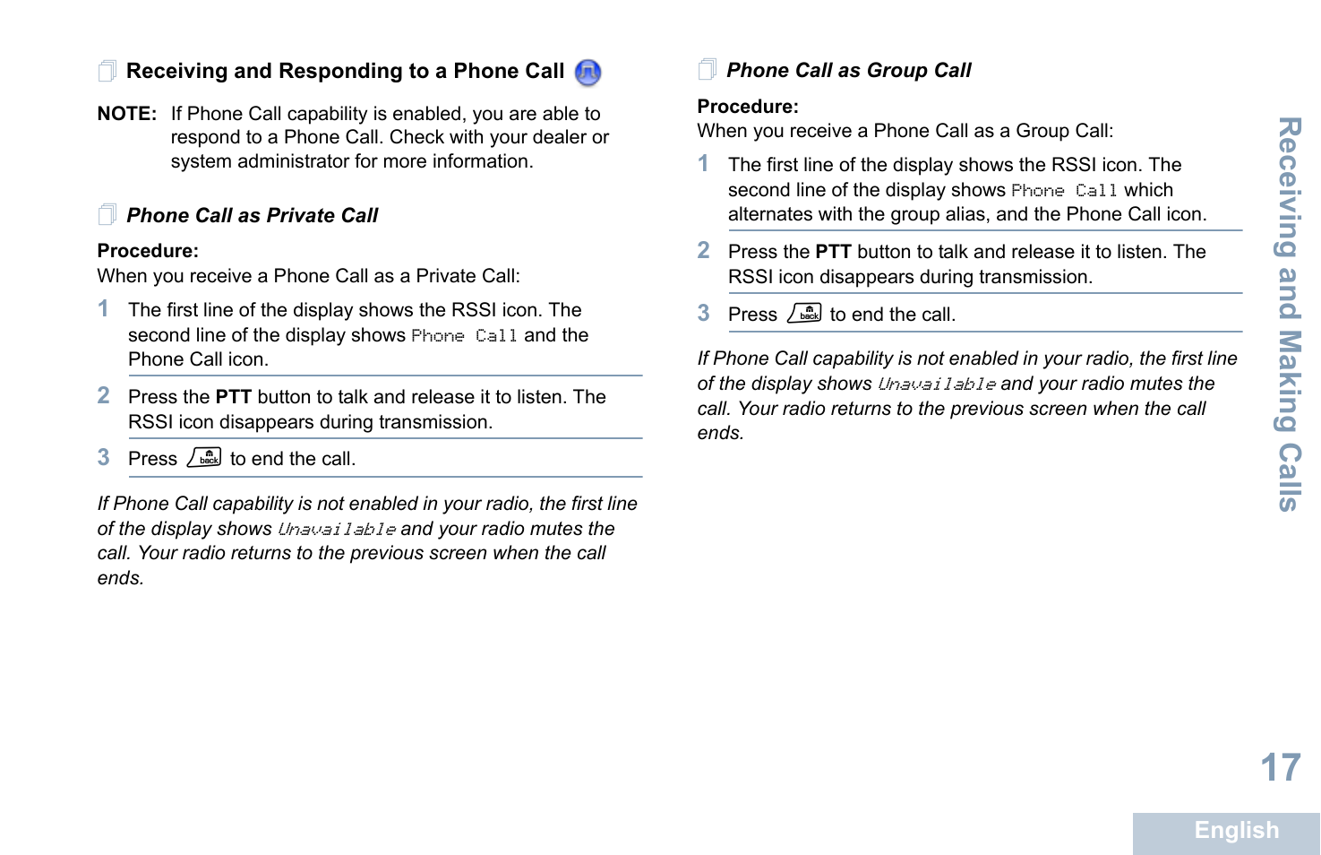 Receiving and responding to a phone call, Phone call as private call, Phone call as group call | Receiving and making calls | Motorola XPR 4580 User Manual | Page 29 / 121